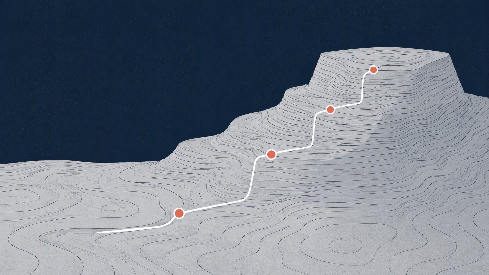 A measured ascent over a topographic landscape with four waypoints