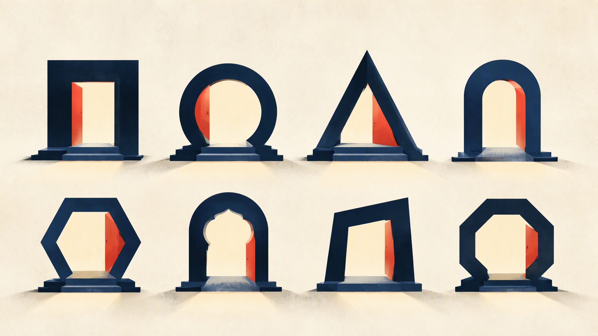 Eight distinct geometric doorways opening onto the same warm light