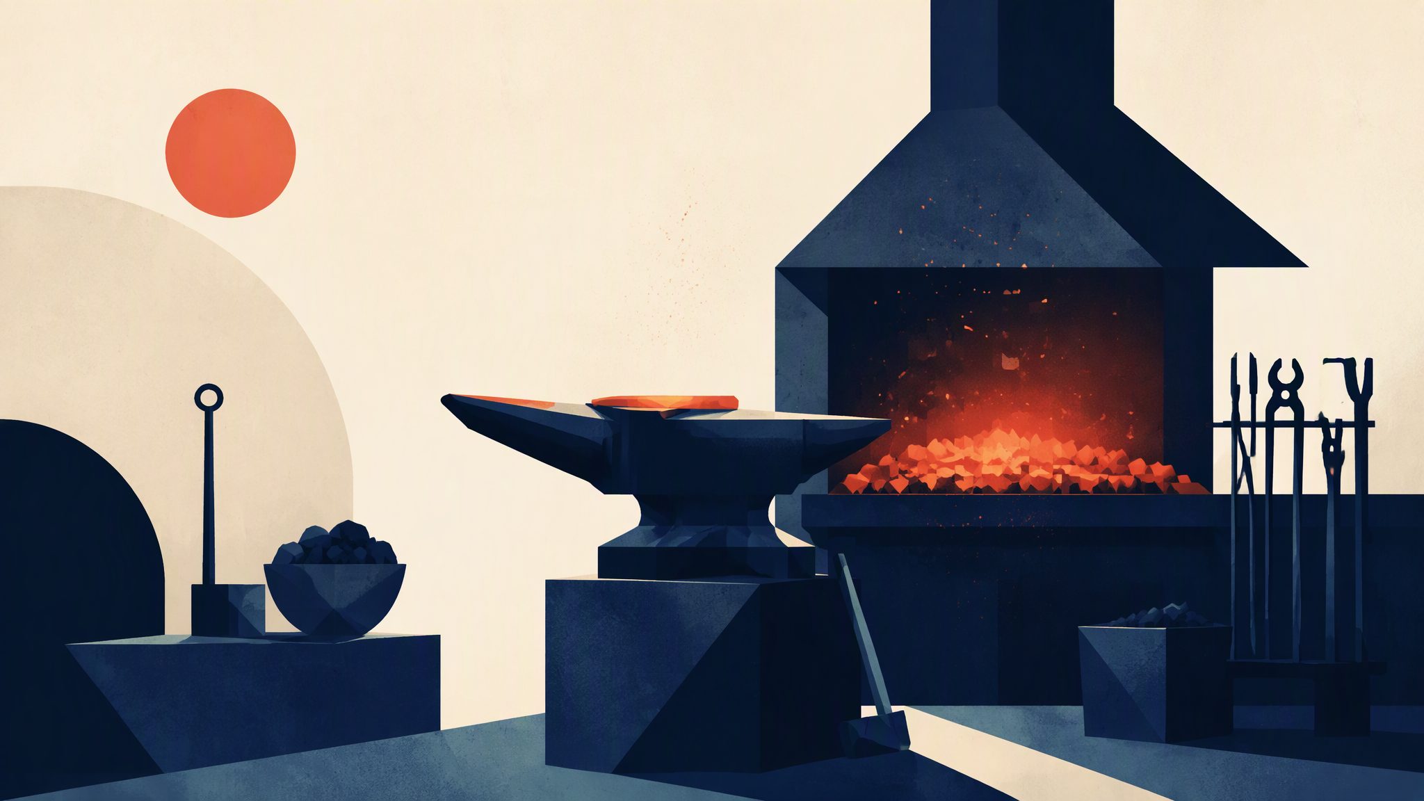 An abstract geometric forge with glowing coral embers