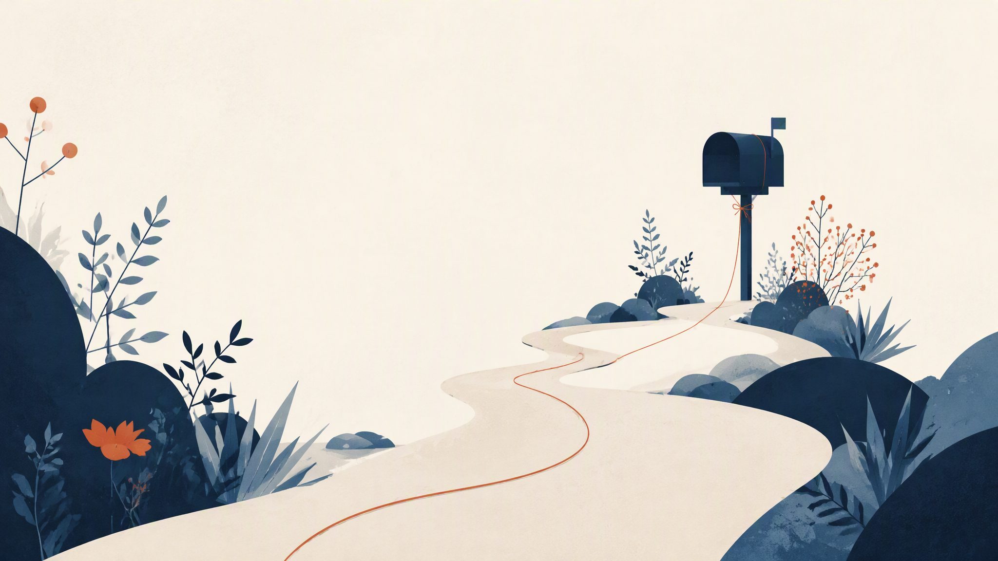 A navy mailbox at the end of a winding garden path with a coral thread