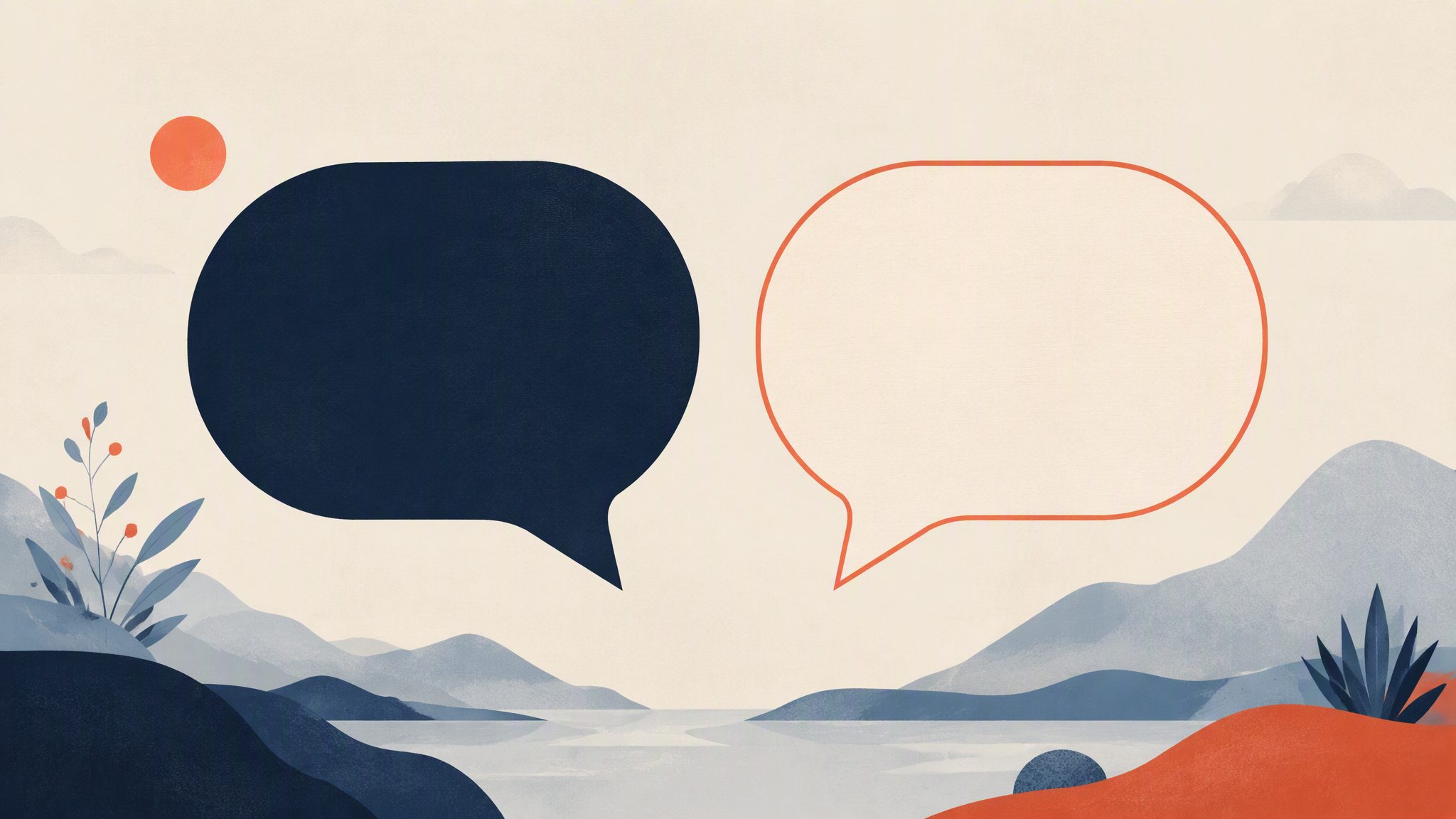 Two rounded geometric speech shapes facing each other in dialogue