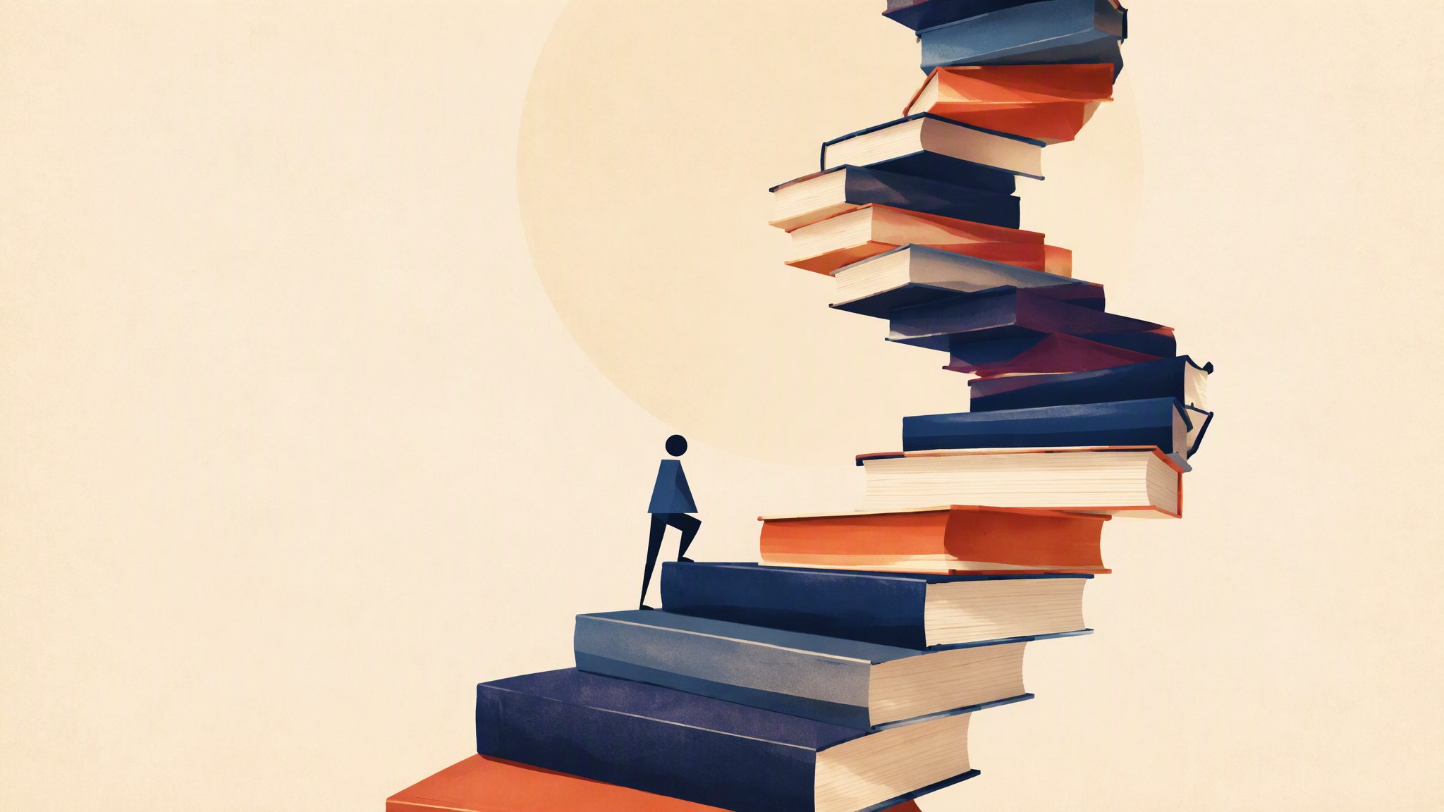 A spiral staircase made of stacked books ascending