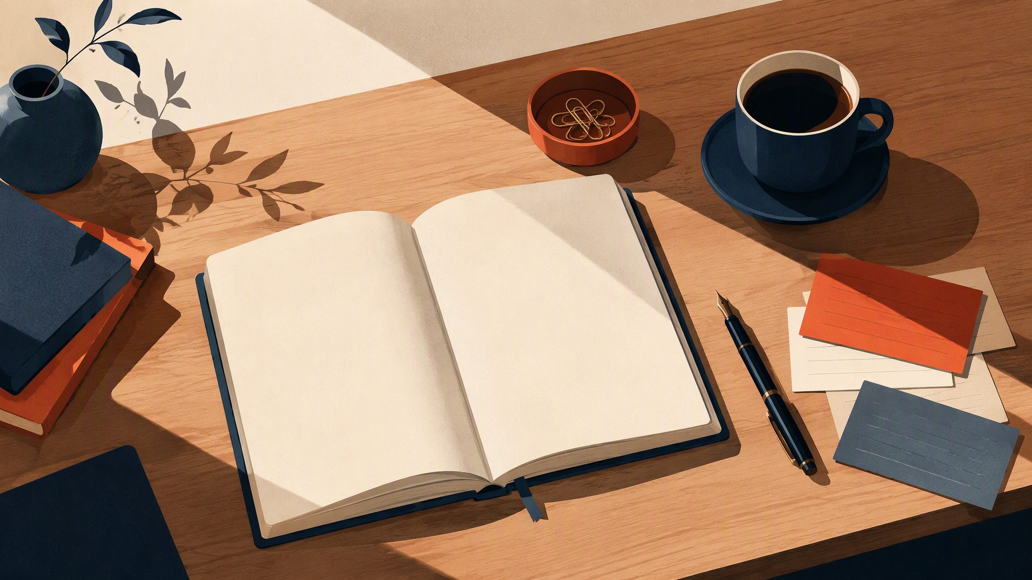 An editor's desk with an open notebook, a fountain pen and coffee