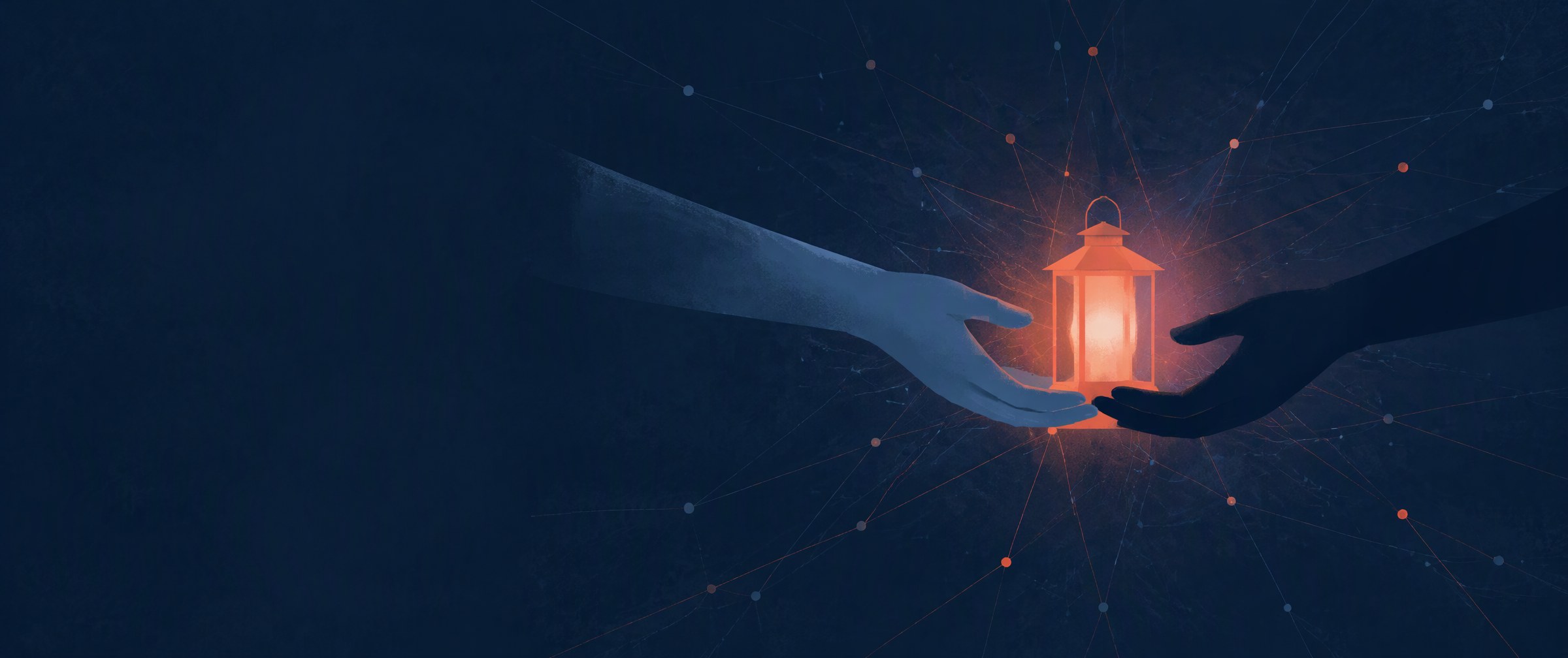 Two hands passing a lantern across a workbench, one in a suit cuff and one in a rolled sleeve