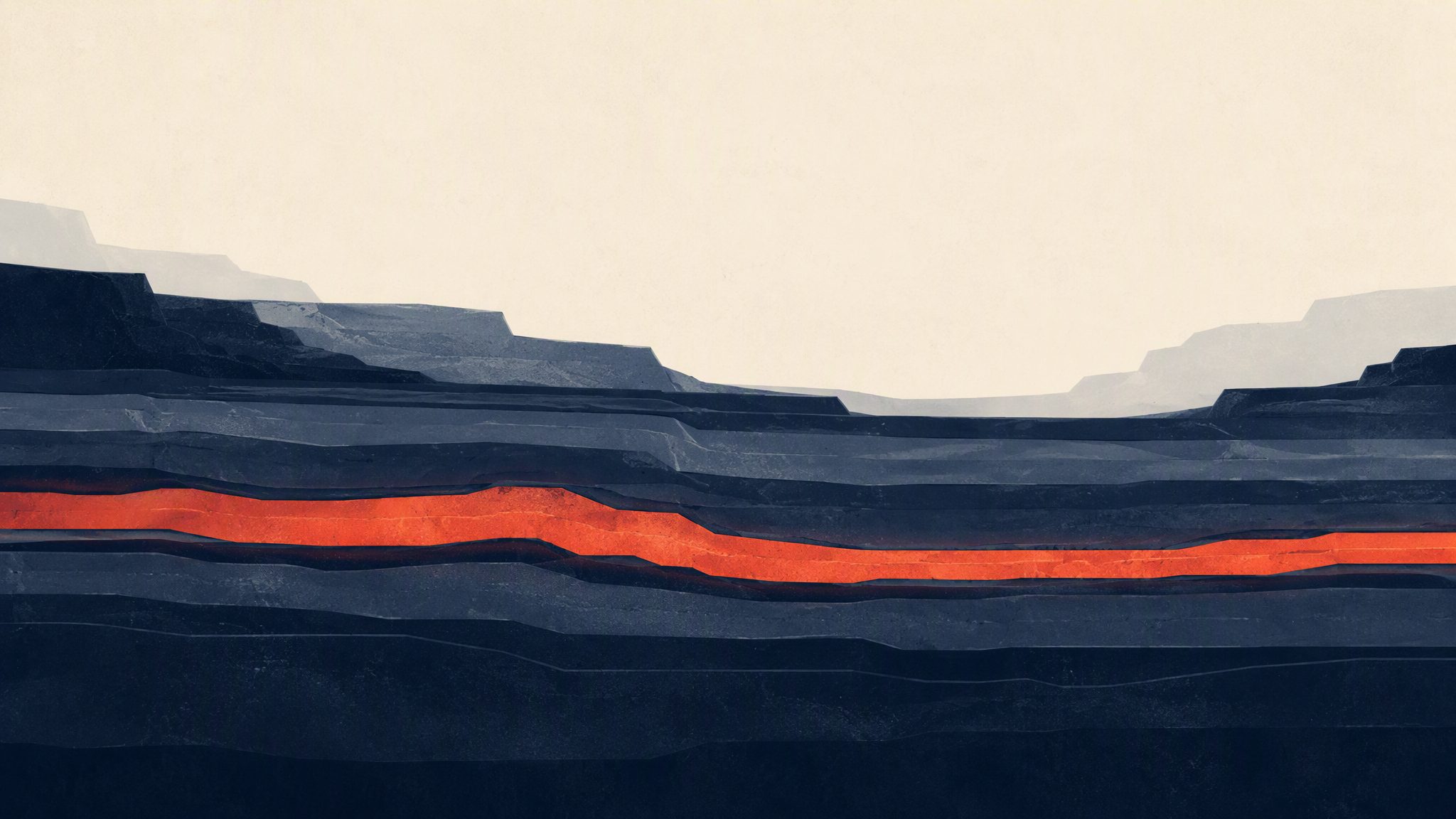 Layered geological strata of platforms with one glowing coral seam