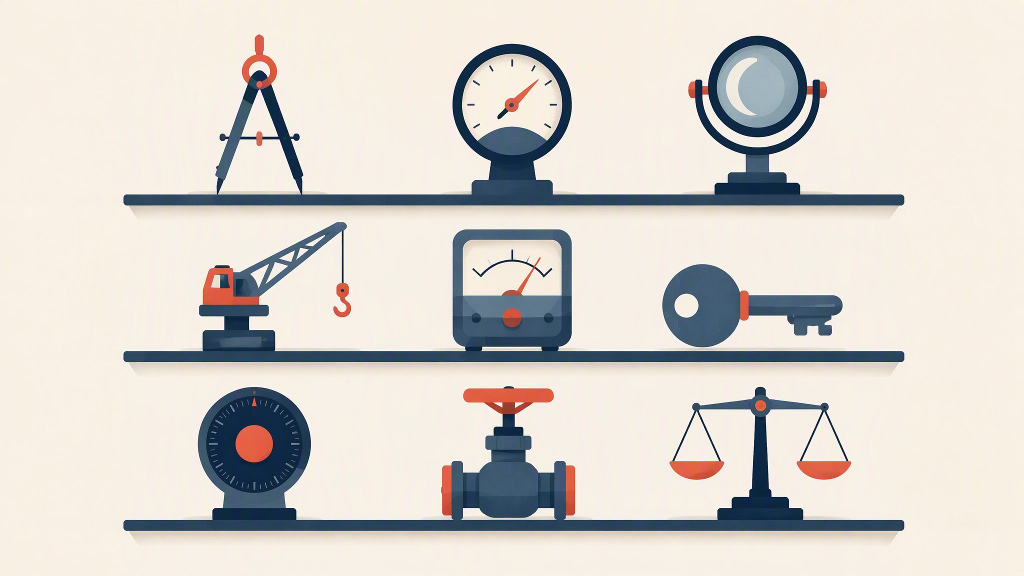 Nine precision instruments arranged in a grid on a long shelf