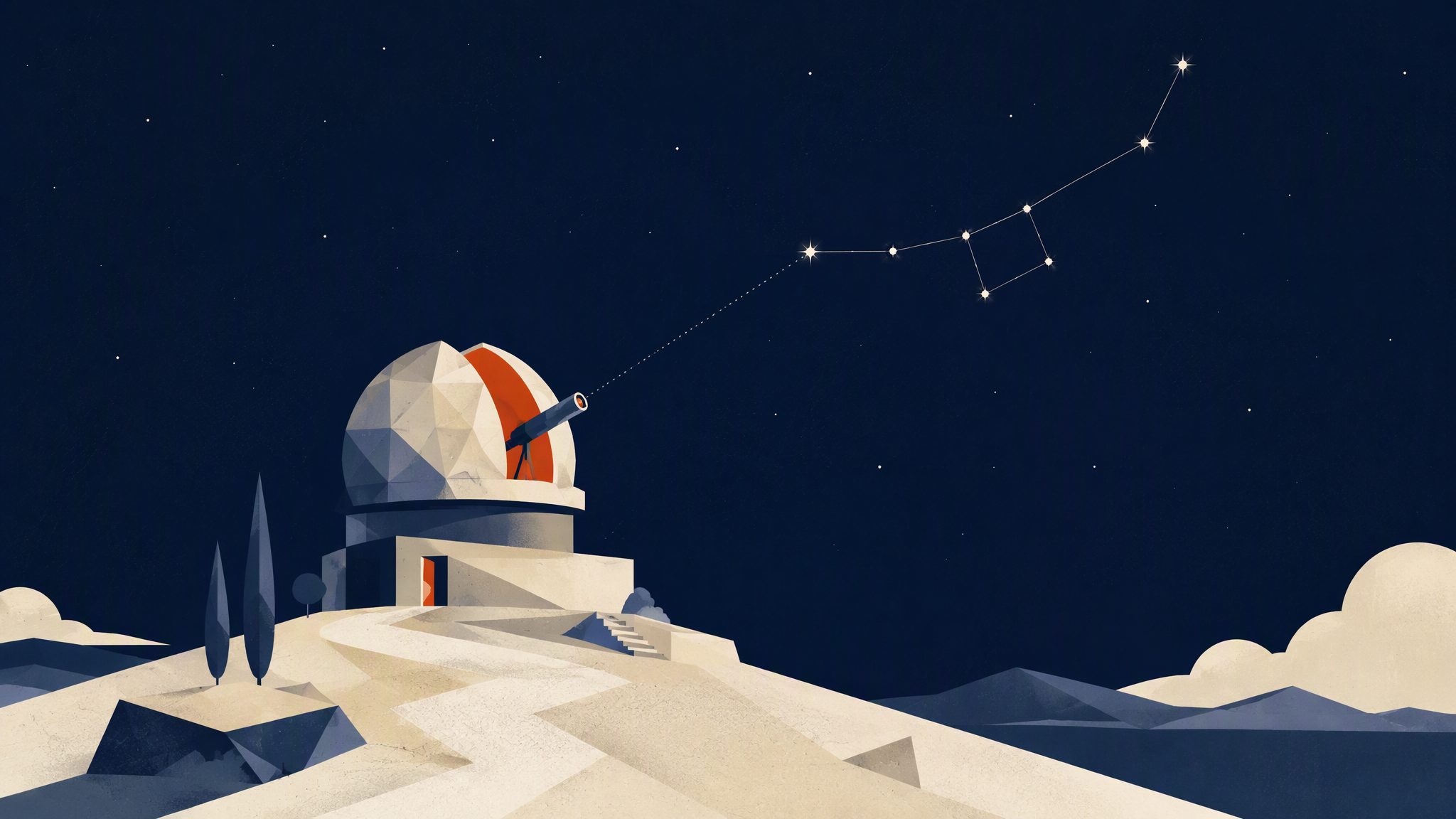 A geometric observatory dome with its telescope pointing at a constellation