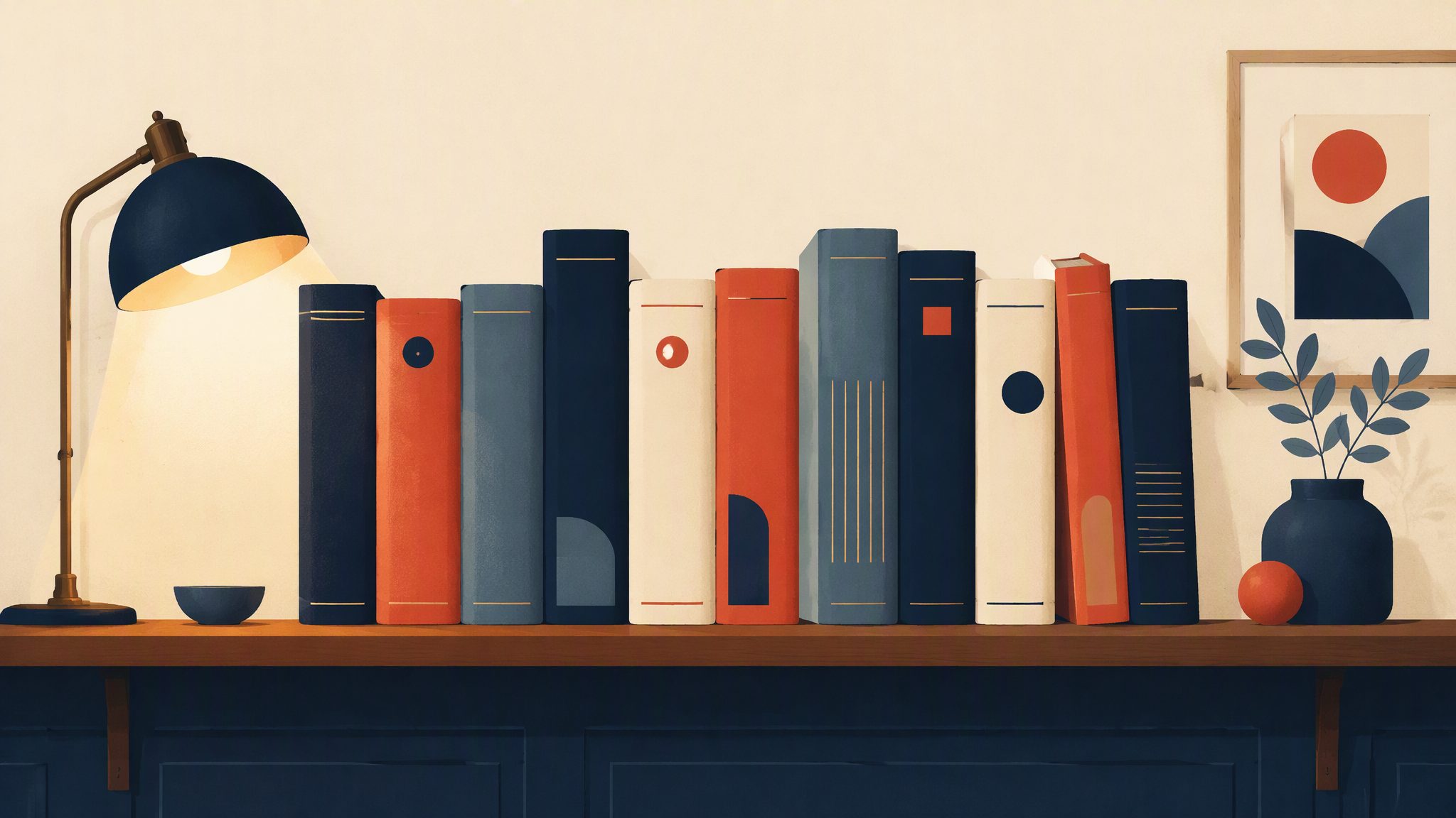 A long warm library shelf wall with eleven distinct bound volumes