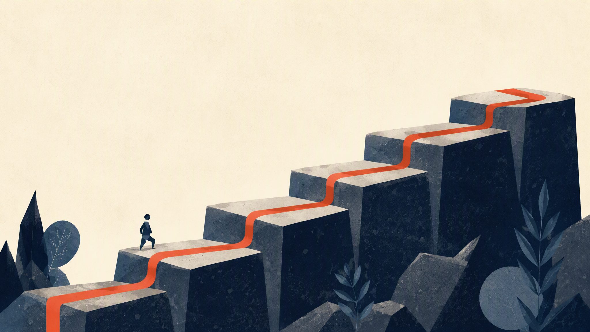 Five ascending terraces with a coral path climbing them