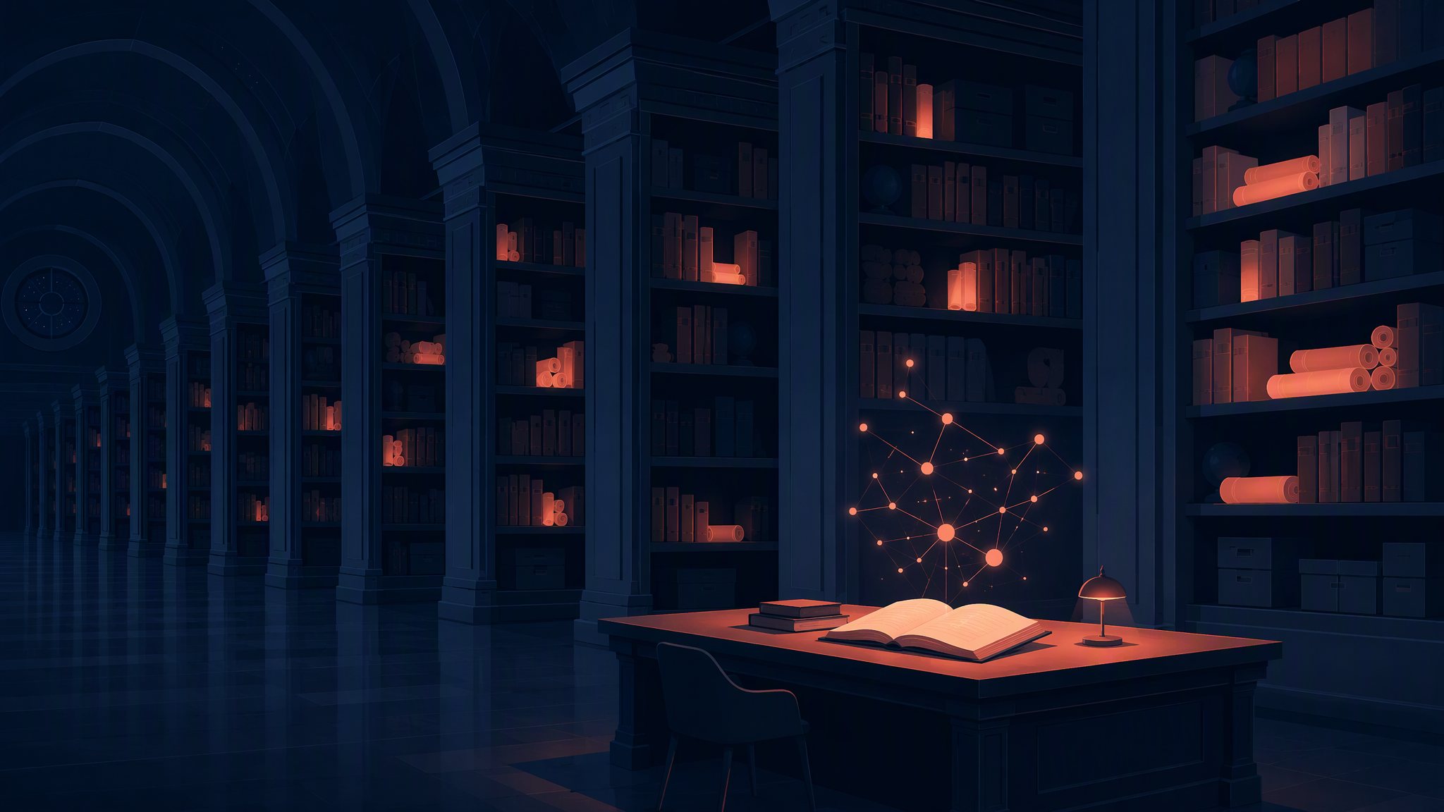 A dark archive of accumulated organisational memory with one reading desk lit