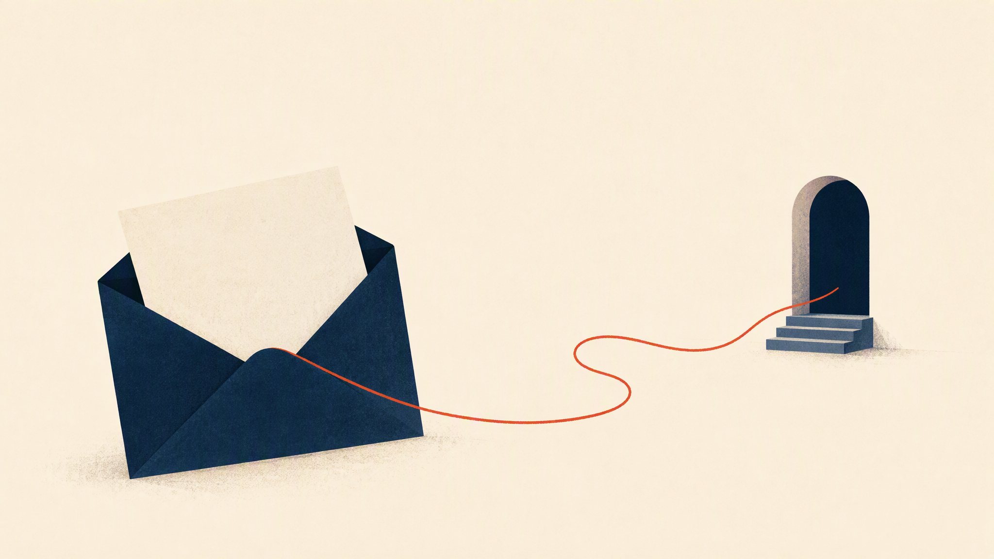 A document in a navy envelope, a coral thread leading from it to a doorway