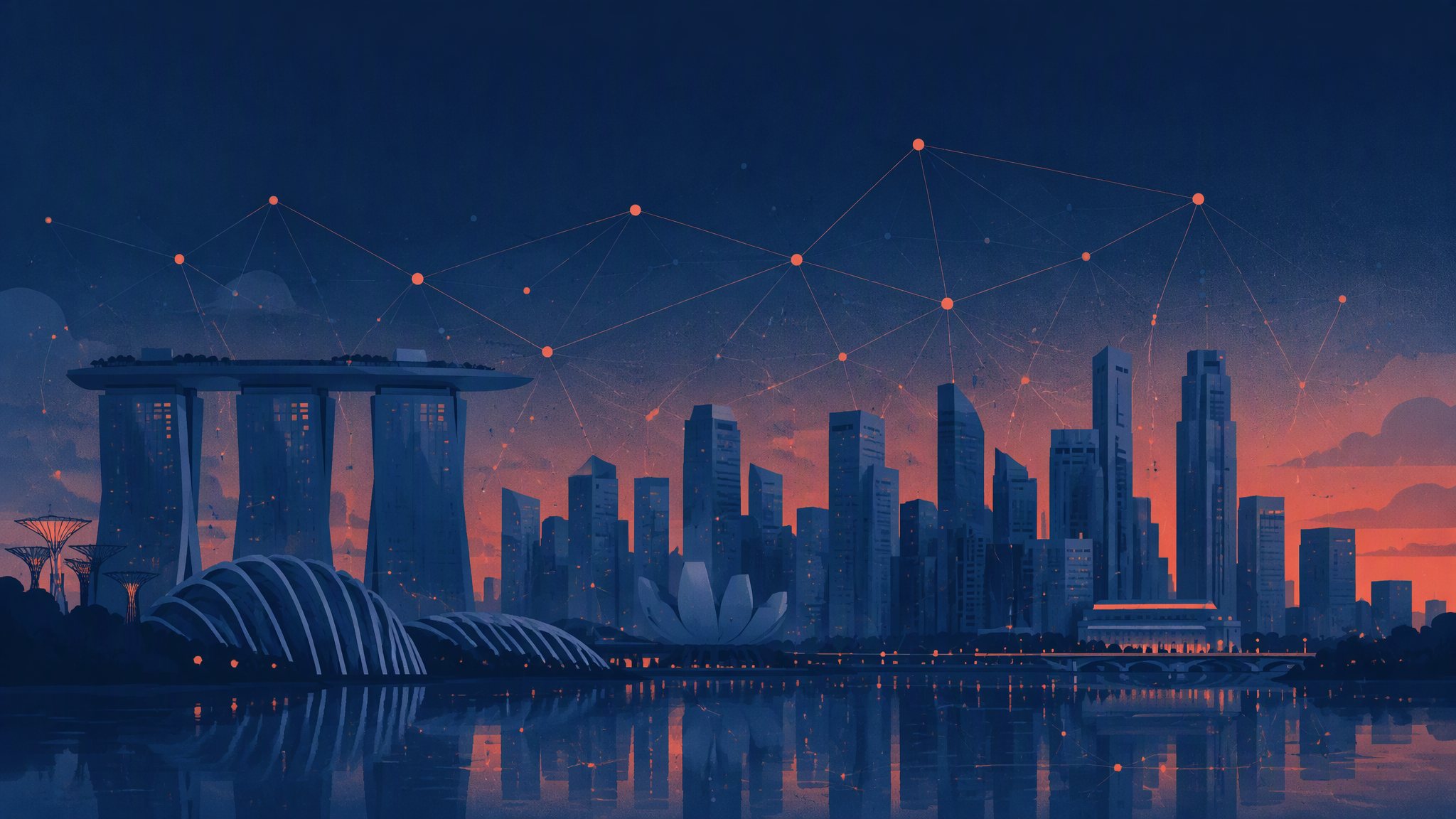 Illustration of the Singapore skyline joined by a data network